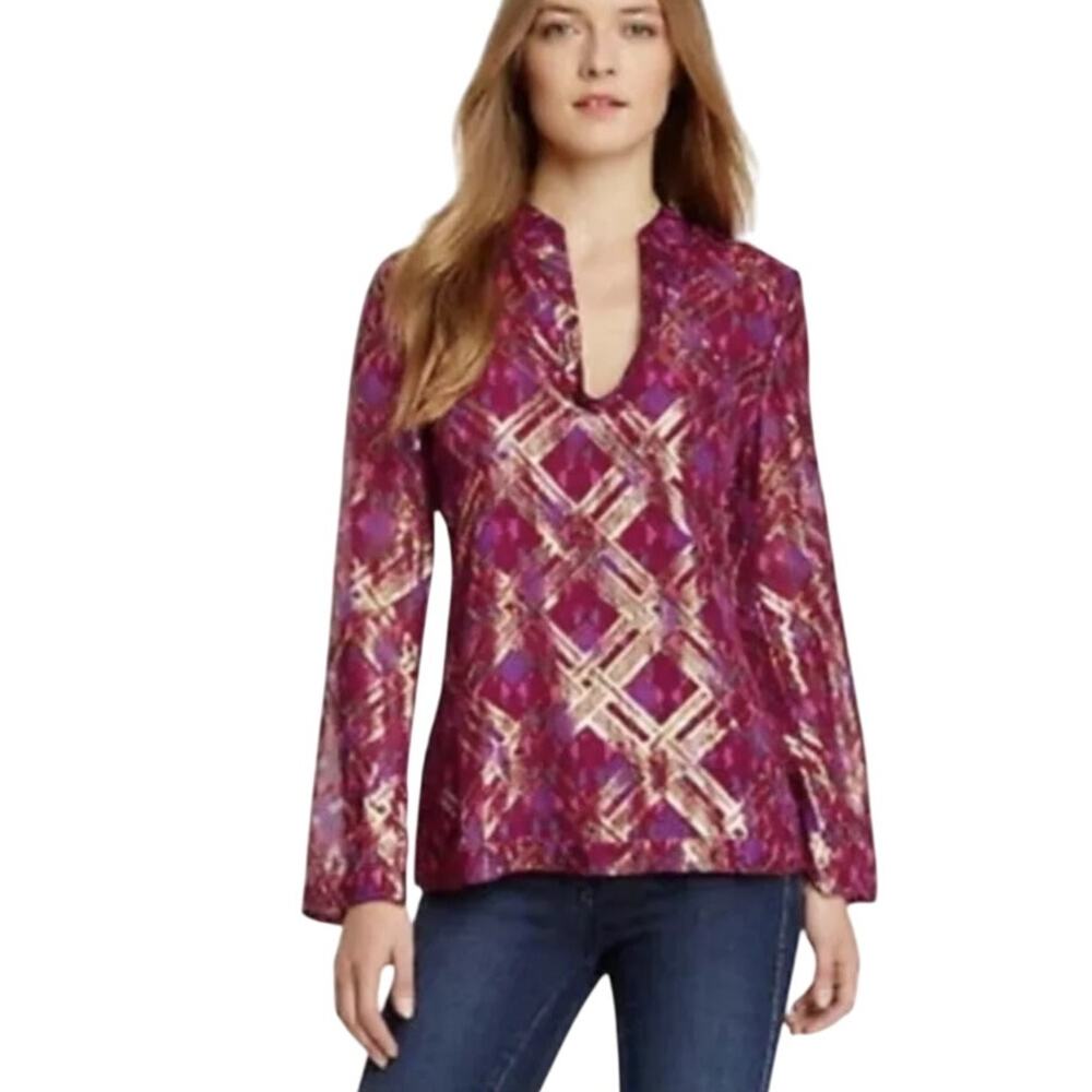 Tory Burch Lame Plaid Chiffon Silk Tunic Top Pink Hastings Size 8‎